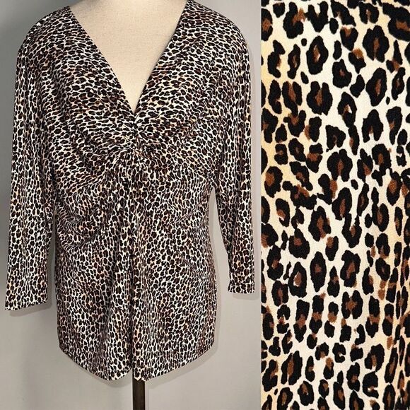 Notations Womens XL Leopard Print Y2K Sleek & Stretchy Bold Y2K Vneck Blouse - Picture 1 of 12